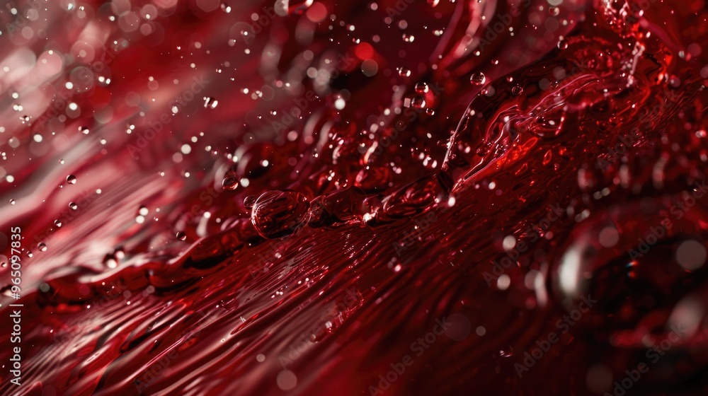 Poster close-up of red wine splashing with bubbles and dew on a glass, creating an abstract background.