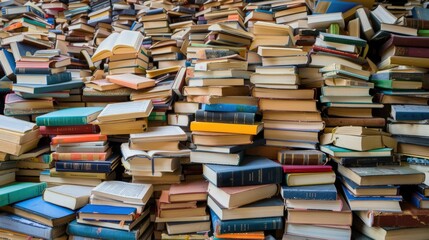Obraz premium Large pile of books for knowledge and learning. Stack of books for education and reading. Concept of knowledge and learning.