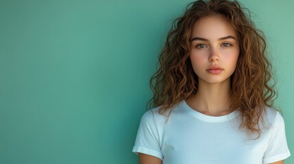 Obraz premium A young woman with curly hair and a serene expression stands against a soft teal background. The image captures modern beauty and simplicity.