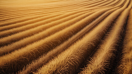 Fototapeta premium Golden fields stretch across the horizon, gently swaying as the sun sets. The harvest season brings a sense of tranquility and fulfillment to rural life