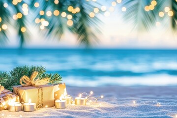 Tropical beach wrapped in twinkling lights with palm trees at sunset, with festive wrapped gifts under the illuminated trees.