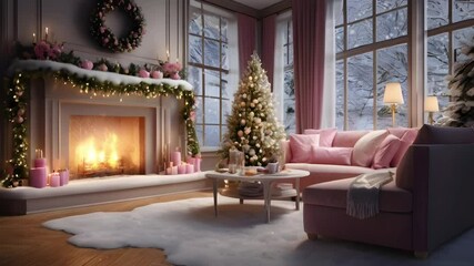 Living room decoration with Christmas tree and fireplace with pink theme. Seamless 4K looping timelapse video animation background