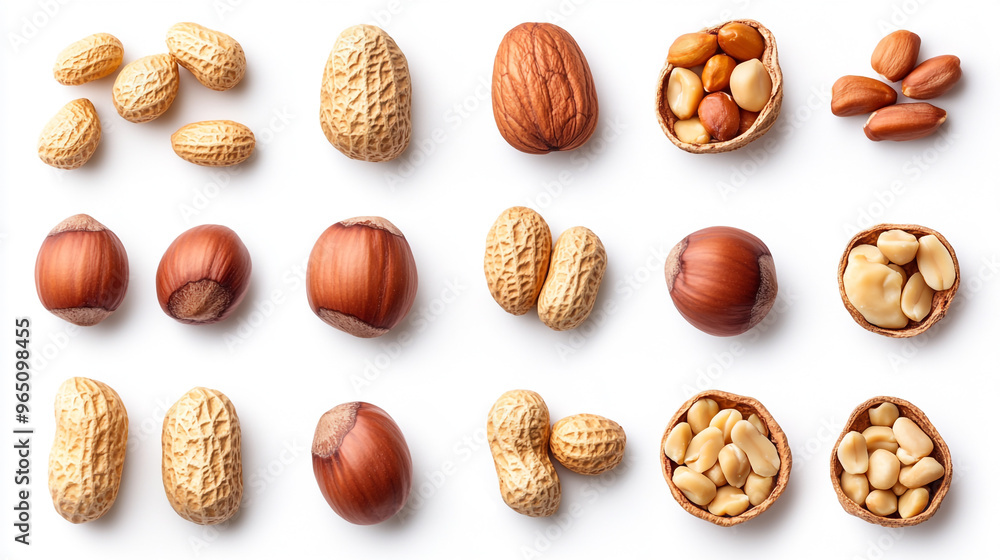 Aufkleber a variety of nuts displayed on a white background showcasing their unique shapes and textures in an 