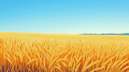 Naklejka premium Vast fields of golden wheat stretch to the horizon, glistening under a bright blue sky, depicting the vibrant atmosphere of late summer harvest