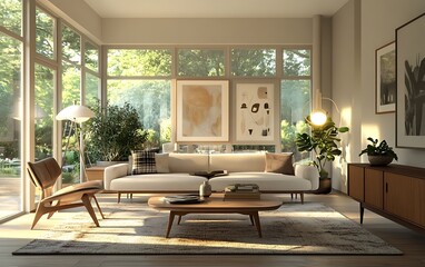 Modern Open Living Room with Vintage Accents, Retro-Inspired Sofa, and Sleek Lighting for an Airy and Bright Design