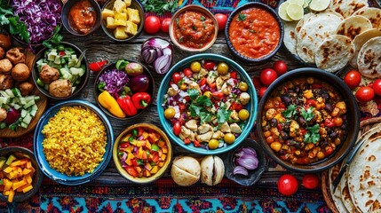Colorful spread of multicultural vegetarian recipes for World Vegetarian Day, featuring diverse dishes from around the world on a festive table with vibrant decorations