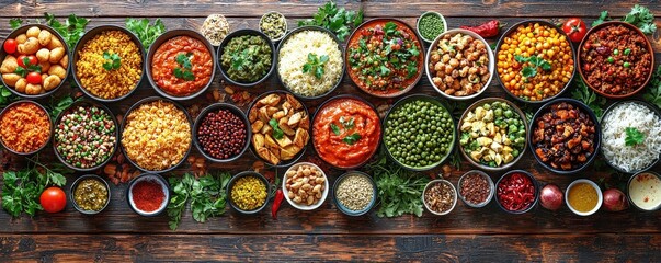 Array of global vegetarian dishes celebrating World Vegetarian Day, showcasing traditional recipes from various cultures, beautifully arranged on a banquet table
