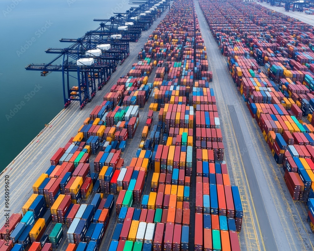 Poster aerial view of a bustling shipping port with rows of colorful cargo containers. cranes load and unlo