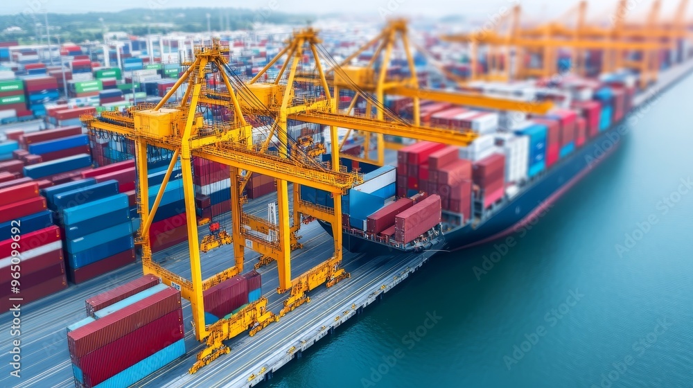 Aufkleber aerial view of a busy cargo port with container ship being unloaded by cranes.
