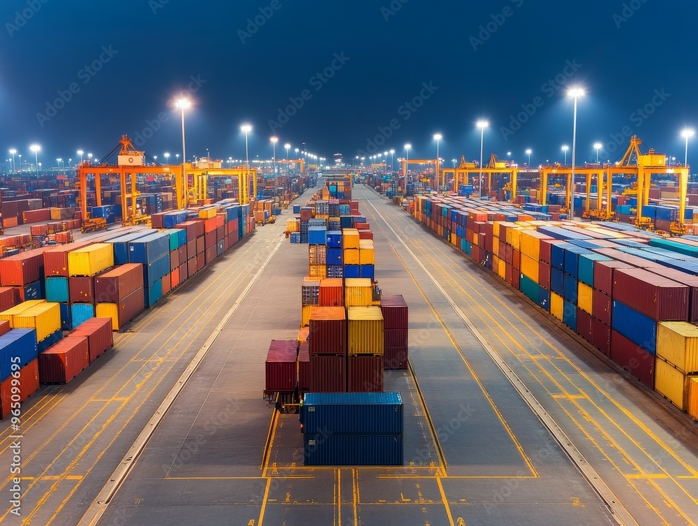 Poster aerial view of a busy shipping terminal filled with colorful cargo containers illuminated at night, 