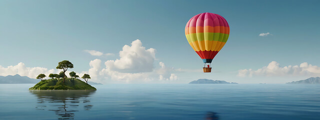 Fototapeta premium A paper origami hot air balloon floating above a floating island with blank sky for copy space. The balloon’s vibrant colors and the island’s serene setting contrast against the minimalistic backdrop,