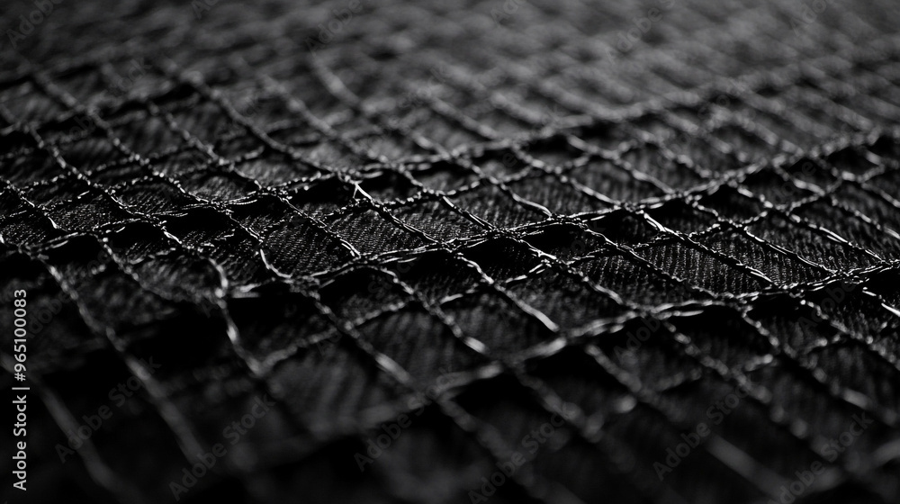 Poster close-up view of textured black fabric showcasing intricate woven patterns under soft lighting at an
