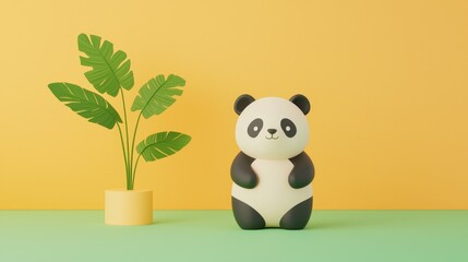 Naklejka premium Cute panda figurine standing next to a potted plant on a yellow and green background.