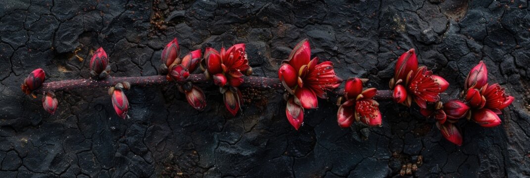 Vampire root, a unique creeping plant from the Combretaceae family, showcases vibrant clusters of red flowers.