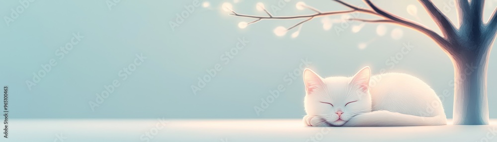 Poster white cat sleeping under a tree with bokeh lights.