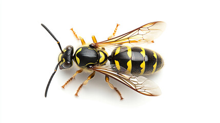 Close-up view of a yellow and black striped wasp resting on a white surface in natural light during the day