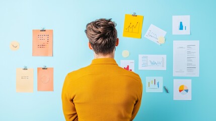 Person analyzing notes and drawings on a blue wall. Concept of creativity, brainstorming, idea generation, and planning