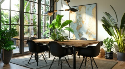 Fototapeta premium Modern Botanical Oasis: Stylish Dining Room with Wooden Table, Black Chairs, and Indoor Plants
