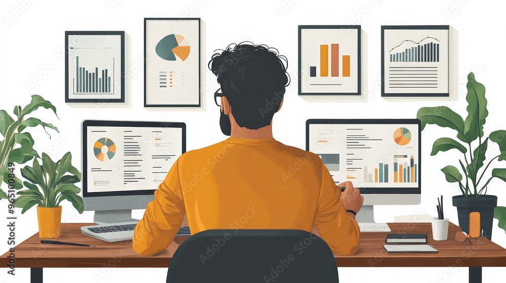 Poster data dive: immersed in a world of data, a focused professional analyzes charts and graphs, seeking i