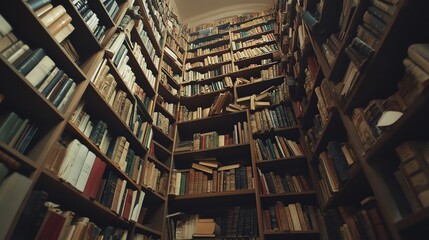 A View From Below of a Book-Filled Library Shelf