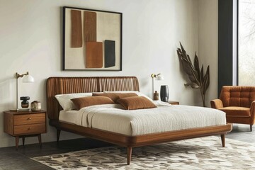 Fototapeta premium Modern bedroom with wooden furniture and cozy decor.