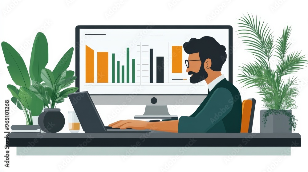 Poster data driven success: a focused and determined businessman analyzes data on a large monitor, surround