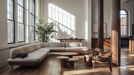 A Modern Living Room with Large Windows and Wooden Furniture