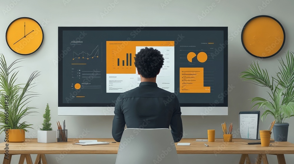 Poster data-driven strategist: a focused professional analyzes financial charts and graphs on a large compu