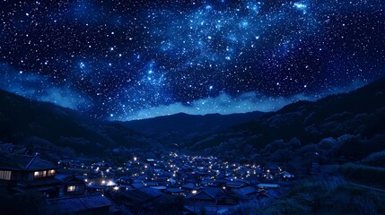 Fototapeta premium A serene night view of a village under a star-filled sky.