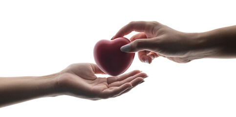 Adult hands giving a red heart, health care, organ donation, family life insurance, world heart...