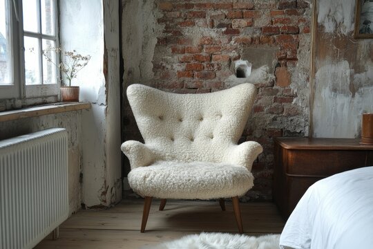 Cozy armchair in a rustic room with exposed brick.