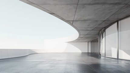 Empty concrete terrace with curved ceiling and glass wall.