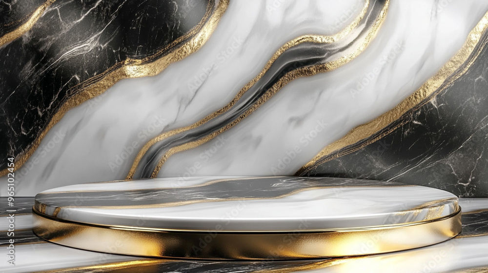 Aufkleber marble table and gold background. product display podium with generative ai.