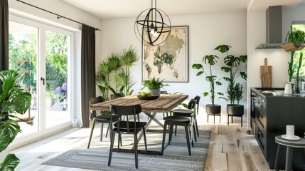 Fototapeta premium Natural Elegance: Stylish Botany-Inspired Dining Room with Wooden Table, Black Chairs, and Abundant Plants 