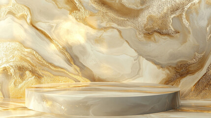 Marble table and gold abstract background. Product display podium with Generative Ai.