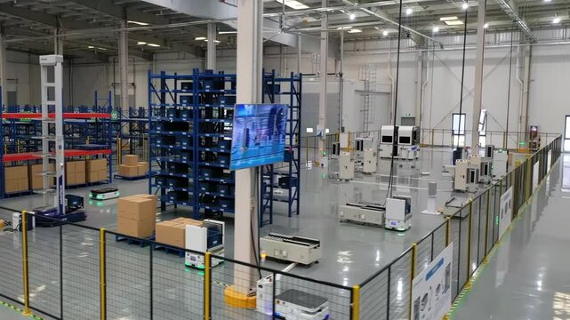Movement system automated Modern Retail Warehouse Robots Transporting Cardboard Boxes in Distribution Logistics Center. Automated Guided Vehicles Delivering Goods, Products, Packages