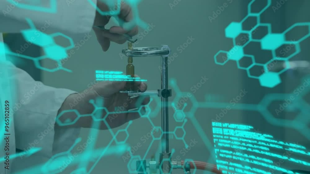 Poster animation of chemical formula and data processing over caucasian male scientist doing experiment