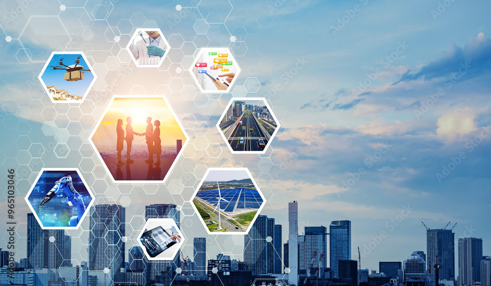 Aufkleber Concept of a network of various technologies related to society. Wide angle visual for banners or advertisements.
