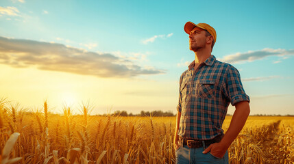 A farmer stands in a golden wheat field at sunset, gazing thoughtfully at the horizon, embracing the peacefulness of the harvest season, copy space
