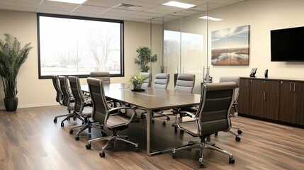 Modern Conference Room with Wooden Table and Chairs