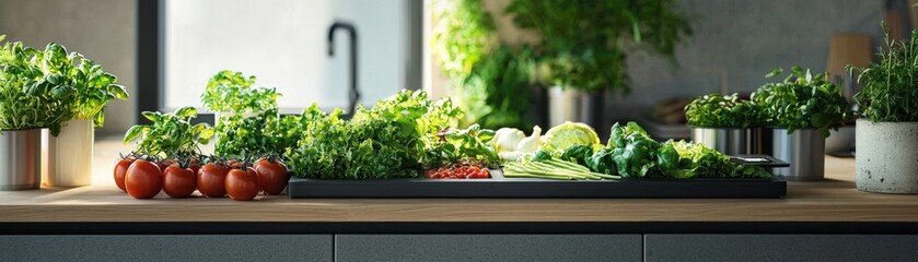 Modern tech setup with a focus on vegetarianism, including digital tools for tracking plant-based diets and innovative sustainability solutions