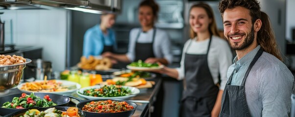 Team of office workers participating in a healthy eating initiative, with colorful vegetarian dishes and nutrition tips prominently displayed in the office kitchen