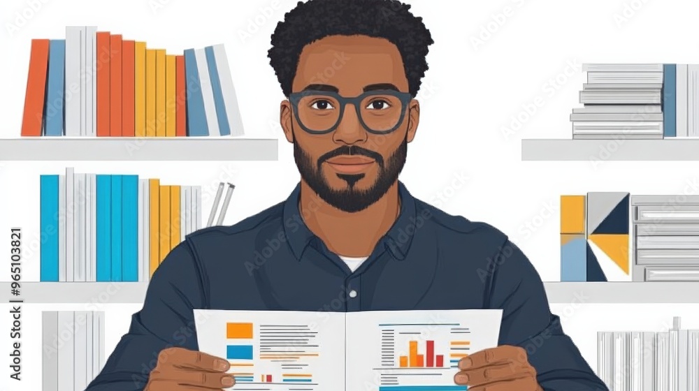 Poster data driven insights: a black professional intently analyzes financial reports amidst a backdrop of 
