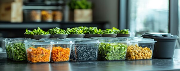 Business professionals balancing a hectic schedule with sustainable eating habits, featuring easy-to-make plant-based meals and reusable containers in a sleek office space