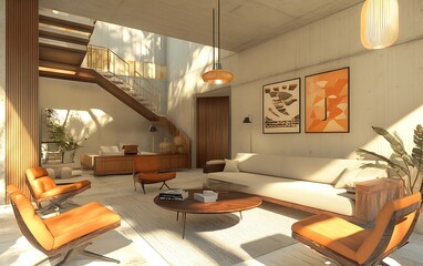 Modern Living Room with Vintage Charm, Retro-Inspired Sofa, Sleek Lighting, and Classic Wall Art for a Harmonious Design