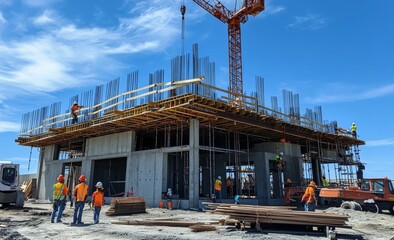 Construction Site Progress. Workers and Machinery at Work. Generative AU