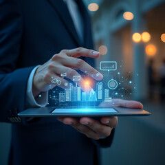 Tablet with hologram. Businessman in suit showcasing digital supply chain. Management concept on tablet in office setting.