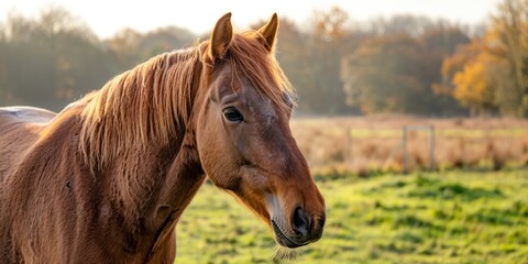 Portrait of a Horse with blurred rolling countryside background, copy space, cinematic 