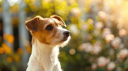Portrait of a Jack Russell Terrier with blurred garden fence background, copy space, cinematic 
