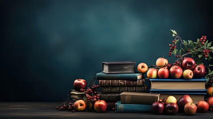 A table is laden with apples, books of varying sizes, and possibly nuts.